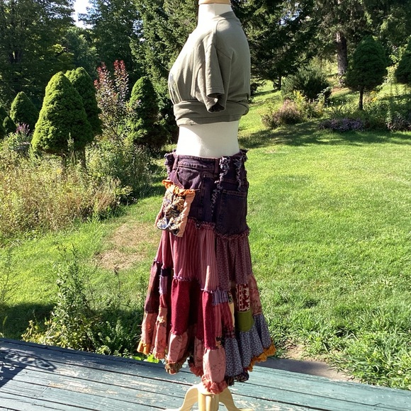 Upcycled Boho Tiered Jean Top Ruffled Hem Raw Edge Patchwork Midi Skirt Med to L - Picture 14 of 15